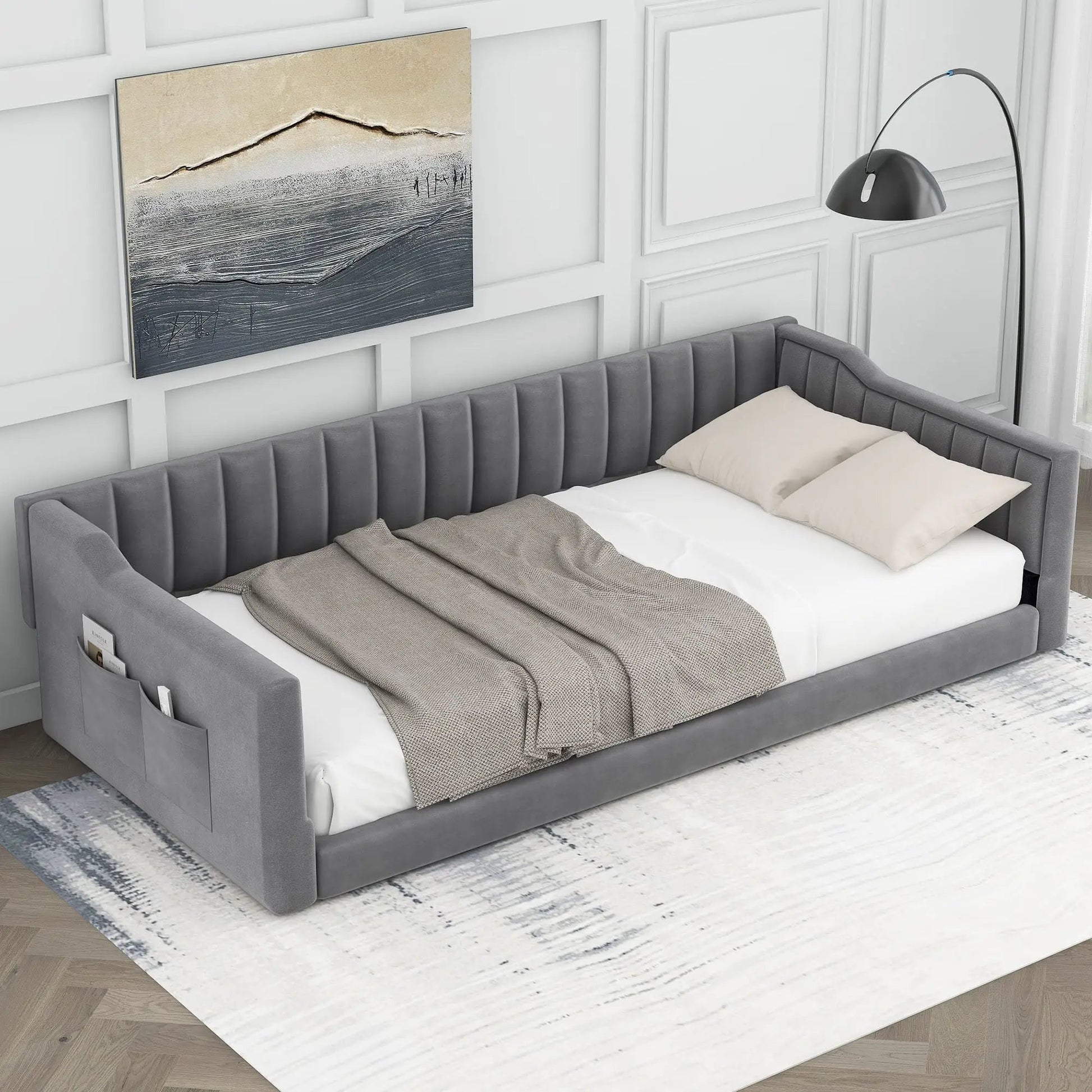 Grey upholstered daybed with built-in side storage pockets by Unique Piece Furniture on Tampa Home & Garden Store