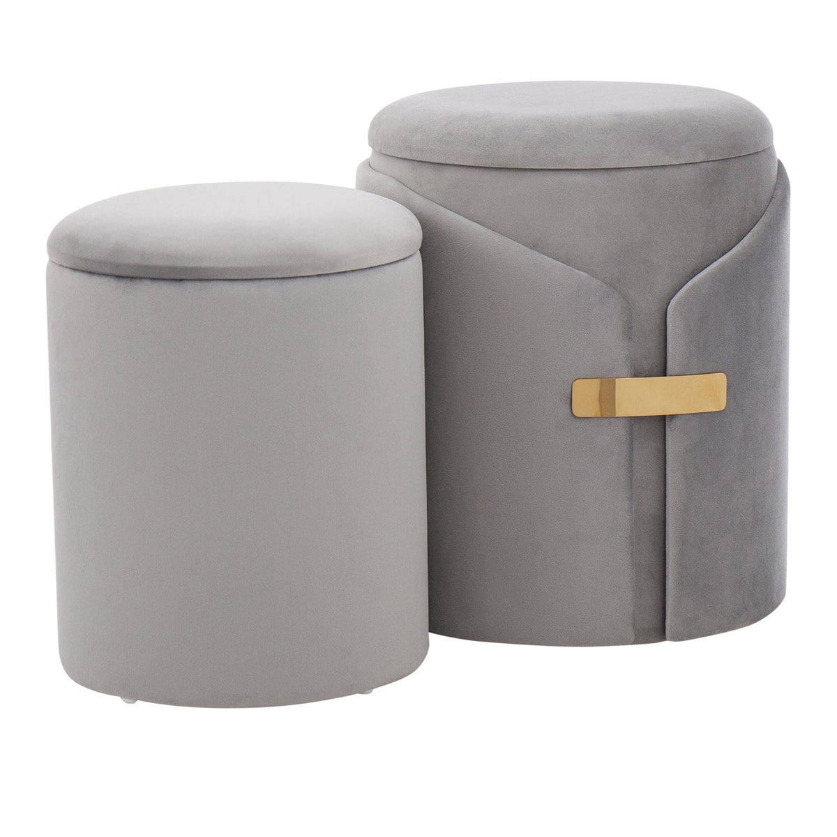 Dahlia 2-piece nesting ottomans in light and dark gray with a gold metal accent on Tampa Home & Garden Store