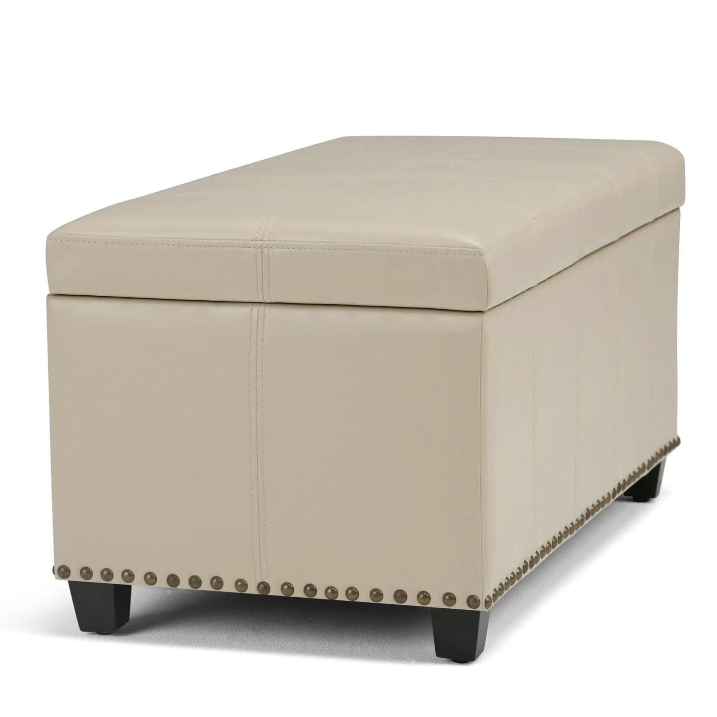 Amelia Transitional Storage Ottoman Bench in beige faux leather with nailhead trim on Tampa Home & Garden Store