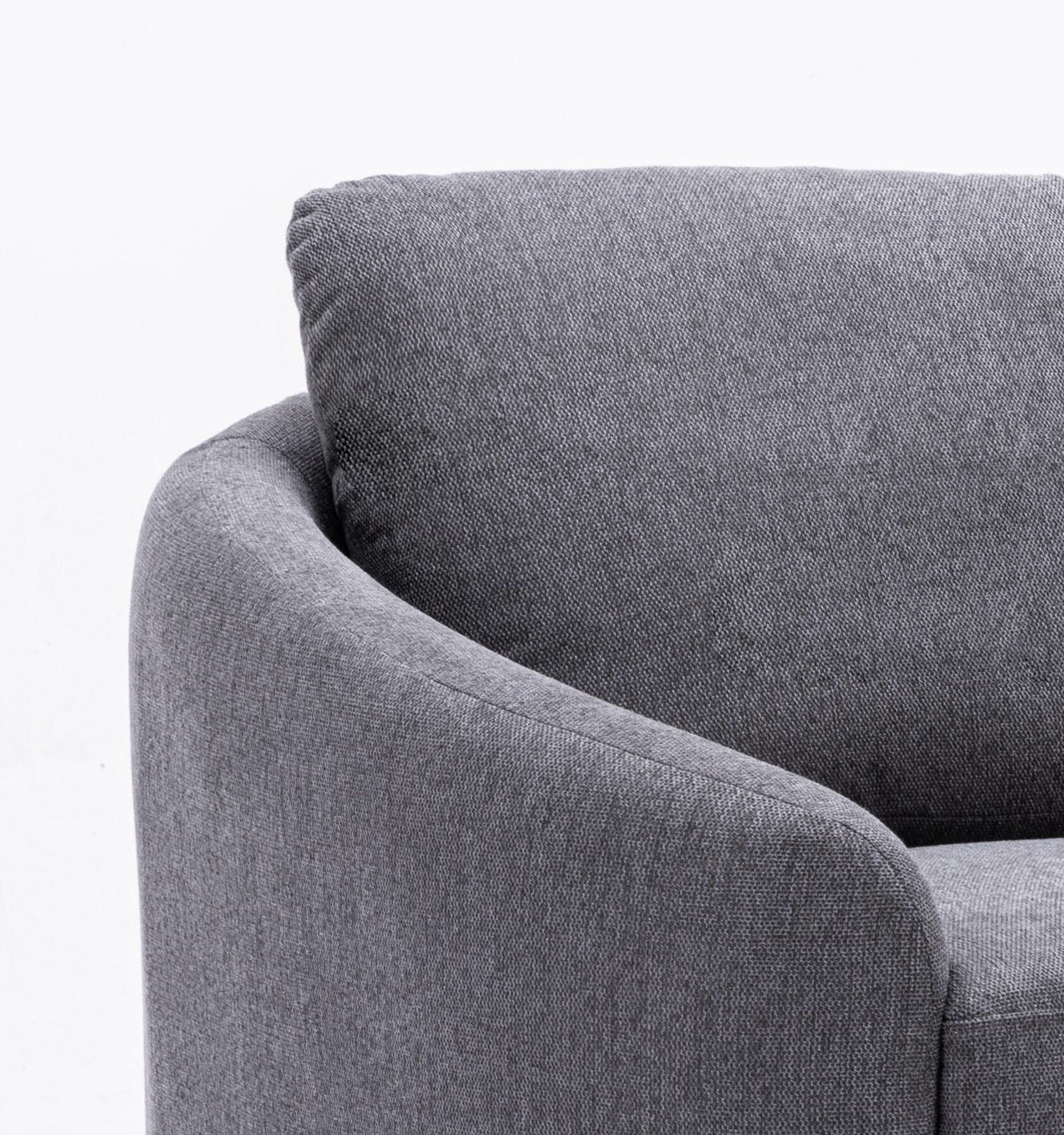 Yuina linen loveseat gray fabric close-up of curved armrest and cushioned back on Tampa Home & Garden Store