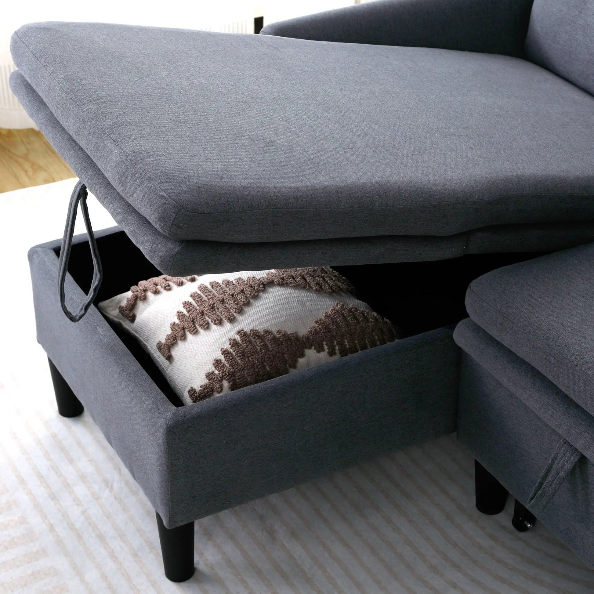 L-Shaped Reversible Chaise Sectional Sofa in dark blue-gray fabric with storage and black legs on Tampa Home & Garden Store