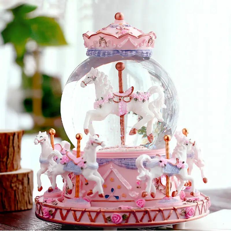 Crystal music box carousel pink horses under a glass dome by FLIPSTYLEZLLC on Tampa Home & Garden Store