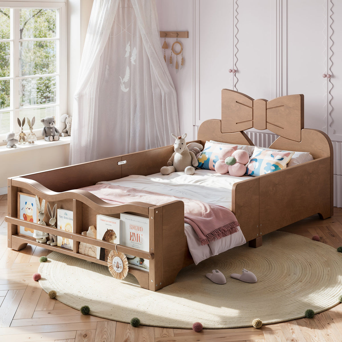 Twin size kids platform bed with guardrails and bookshelf in white pine HouseOfZazla on Tampa Home & Garden Store