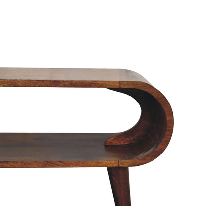 Amaya Nordic style wooden coffee table with rounded corner and dark curved leg on Tampa Home & Garden Store