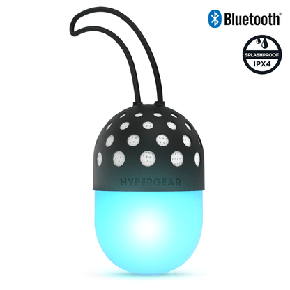 Go-Glo LED wireless speaker with blue glow, black sphere, Bluetooth IPX4 splashproof on Tampa Home & Garden Store