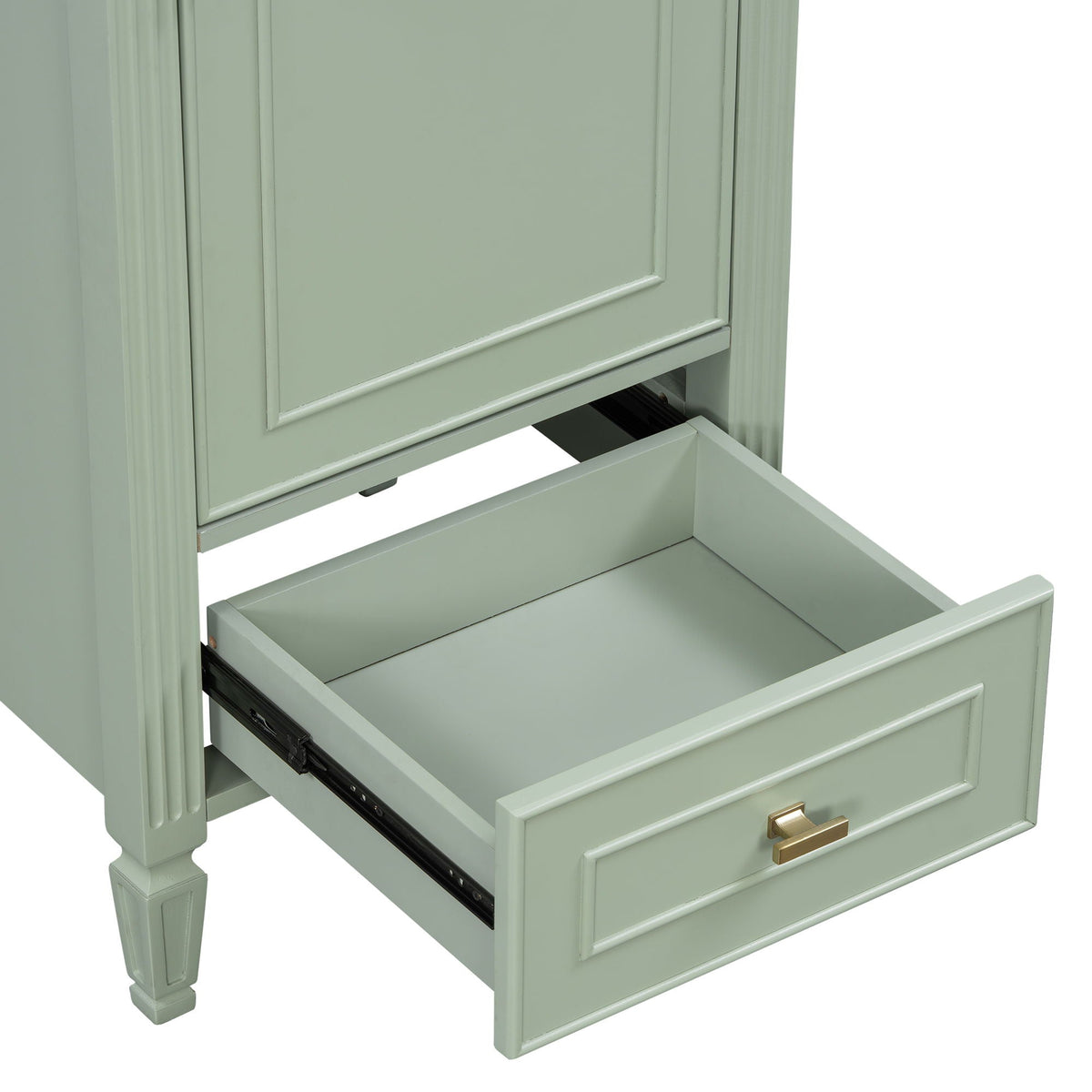 Retro bathroom vanity with sink in sage green by HouseOfZazla, soft-close doors and drawer on Tampa Home & Garden Store