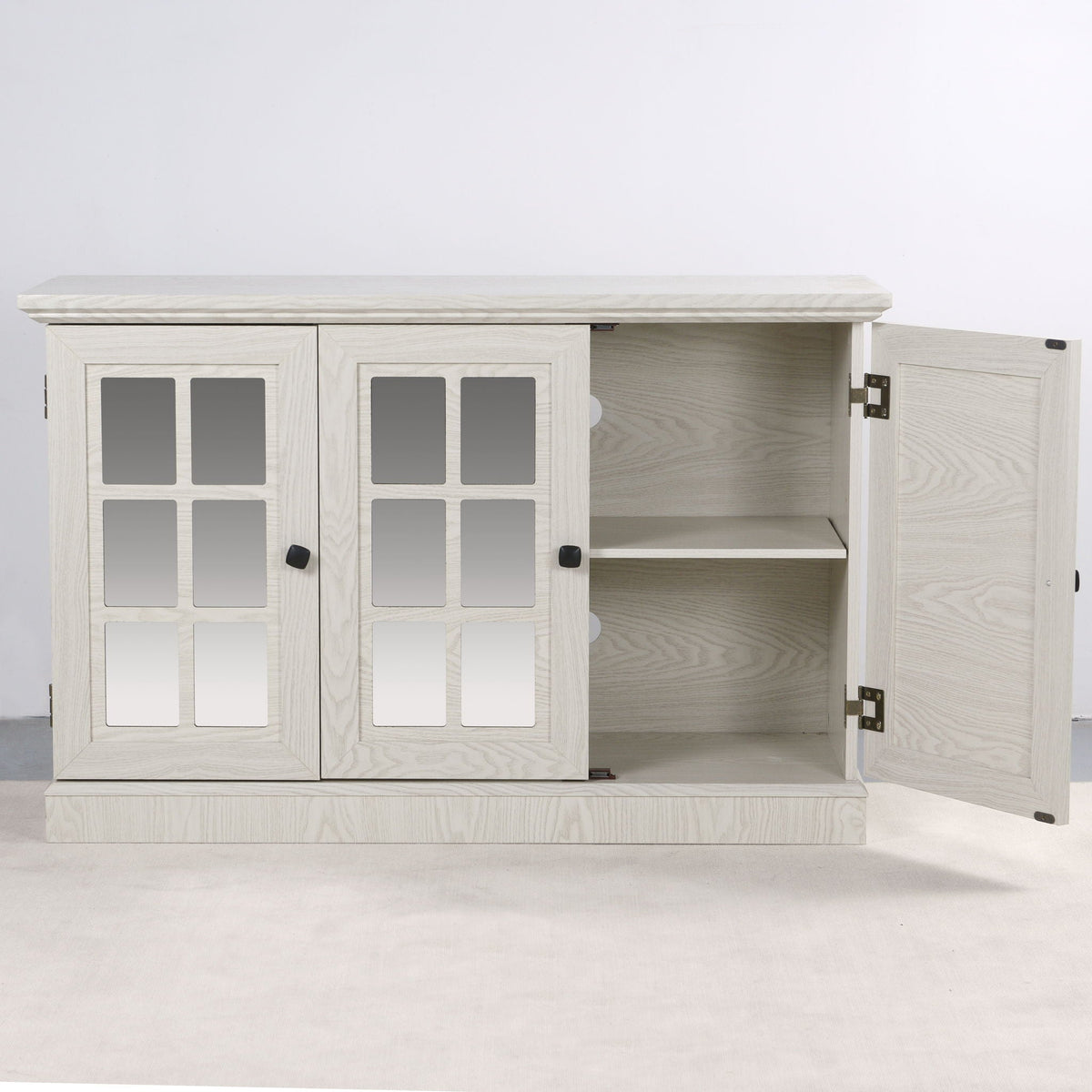 Storage cabinet with 3 mirrored acrylic doors and adjustable shelves in white finish on Tampa Home & Garden Store
