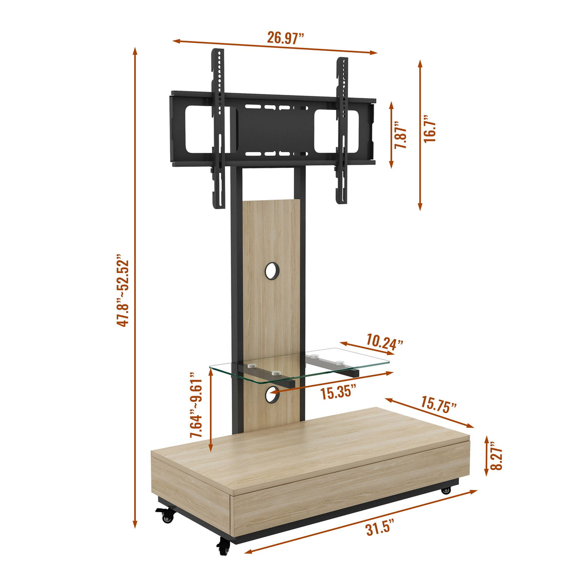 Mobile TV Cart with push-pull drawer and lockable wheels, black frame, light brown drawer on Tampa Home & Garden Store