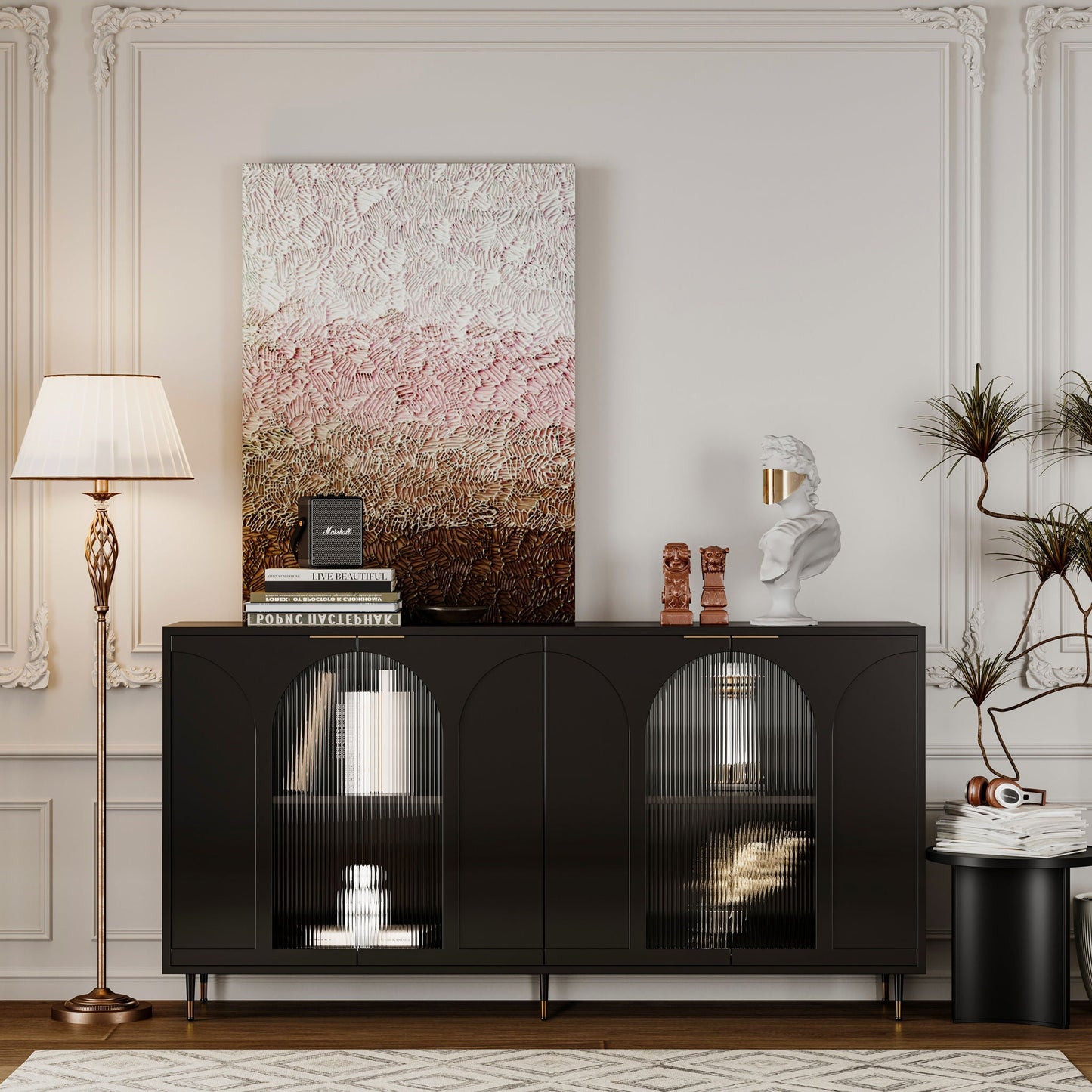 Wood Sideboard With Fluted Glass Doors and Legs
