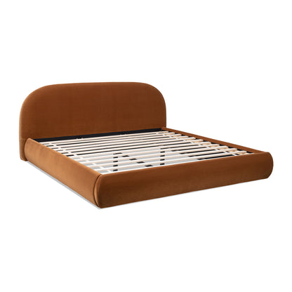 Archie Puffy Grounded Platform Bed King Burnt orange velvet with headboard and slat base on Tampa Home & Garden Store