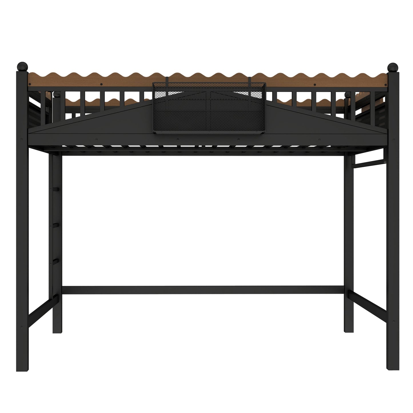 Full size loft bed with black metal frame, wood guard rail, storage shelves HouseOfZazla on Tampa Home & Garden Store
