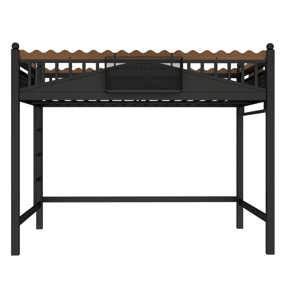 Full size loft bed with black metal frame, wood guard rail, storage shelves HouseOfZazla on Tampa Home & Garden Store