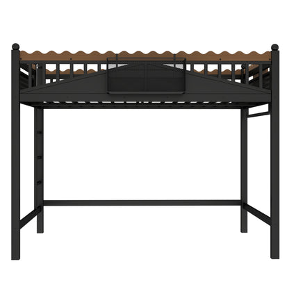 Full size loft bed with black metal frame, wood guard rail, storage shelves HouseOfZazla on Tampa Home & Garden Store