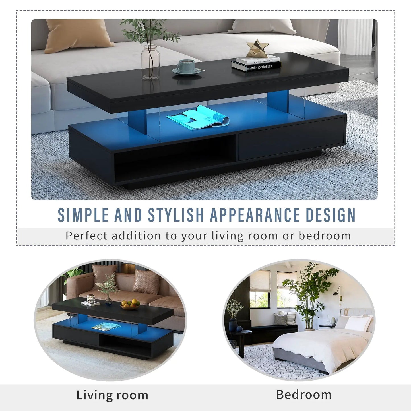 LED coffee table with 2 drawers and blue illuminated shelves, black finish Unique Piece on Tampa Home & Garden Store