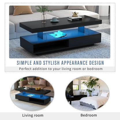 LED coffee table with 2 drawers and blue illuminated shelves, black finish Unique Piece on Tampa Home & Garden Store
