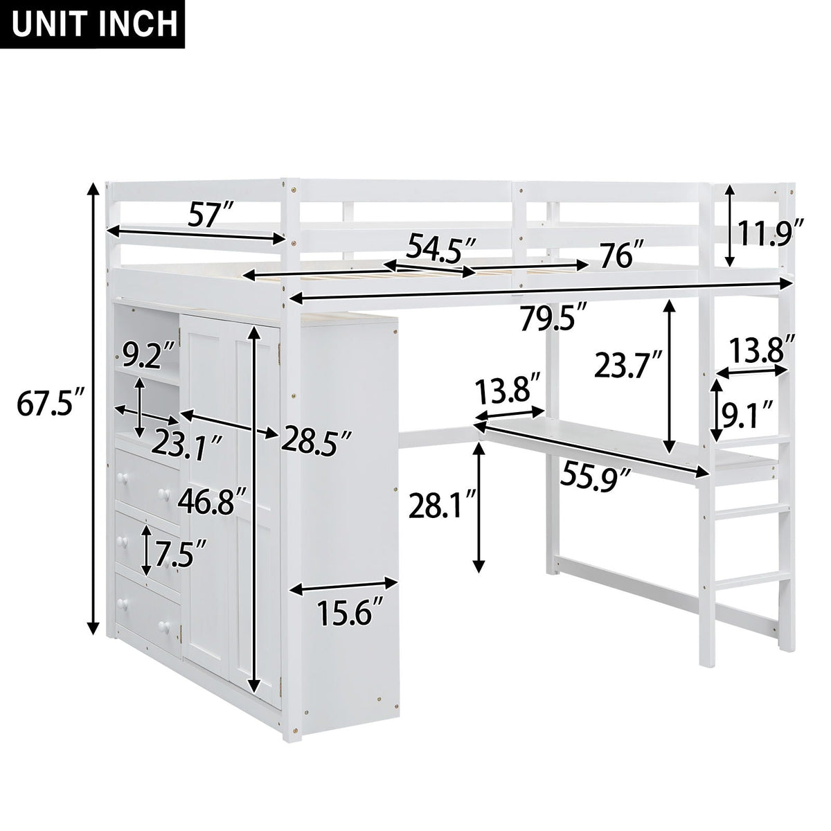 Loft bed with built-in wardrobe, shelves and drawers in white by HouseOfZazla on Tampa Home & Garden Store