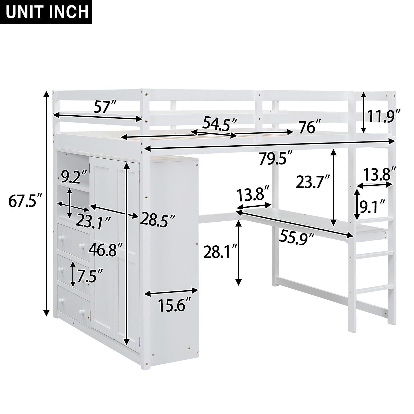 Loft bed with built-in wardrobe, shelves and drawers in white by HouseOfZazla on Tampa Home & Garden Store