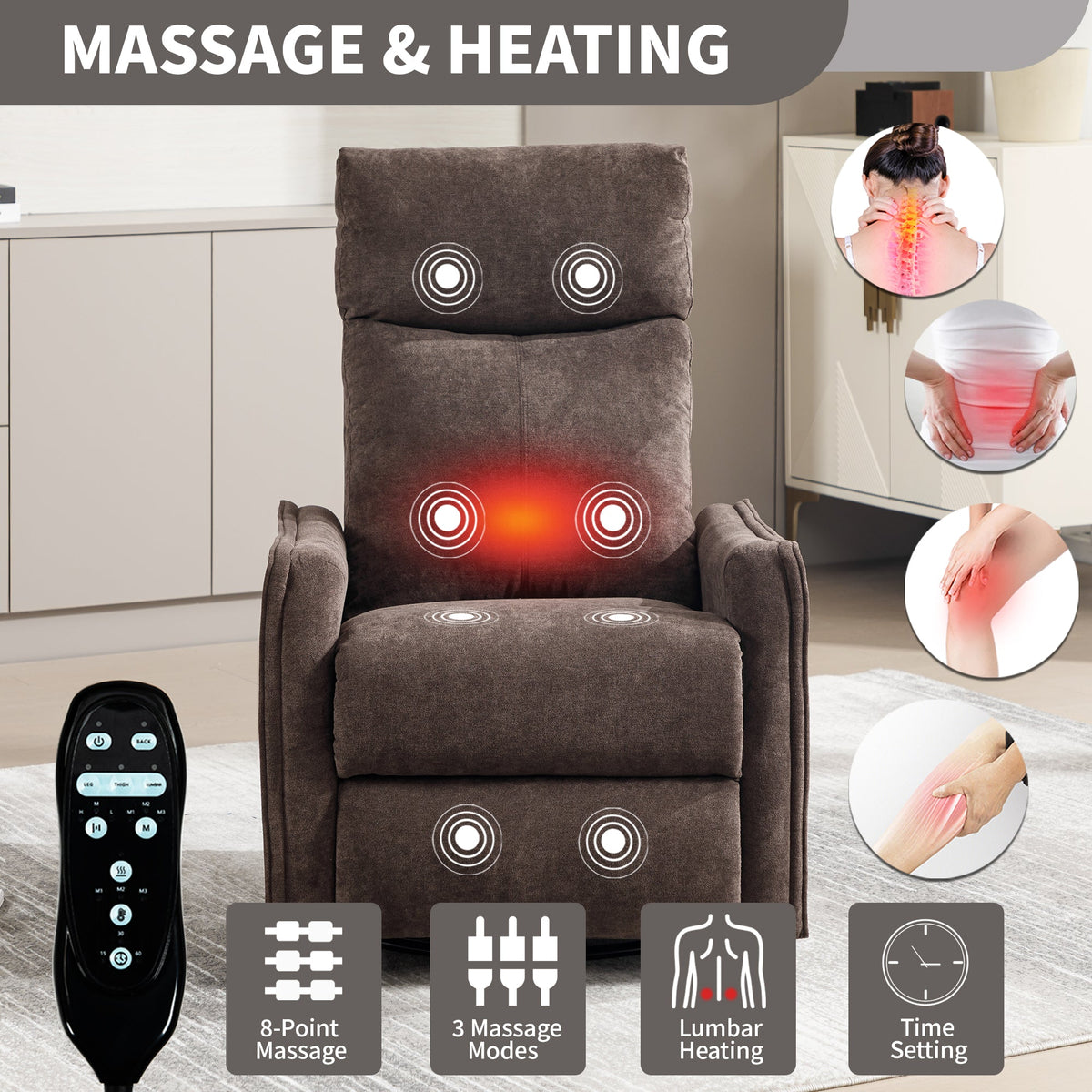 HouseOfZazla heat massage manual recliner chair in brown fabric with remote, rocker and swivel on Tampa Home & Garden Store