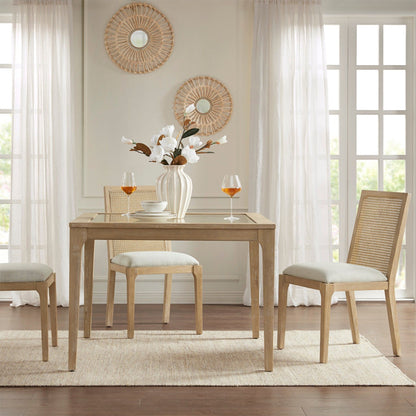 Dining chair set with natural wood frames, synthetic cane backs and upholstered seats on Tampa Home & Garden Store