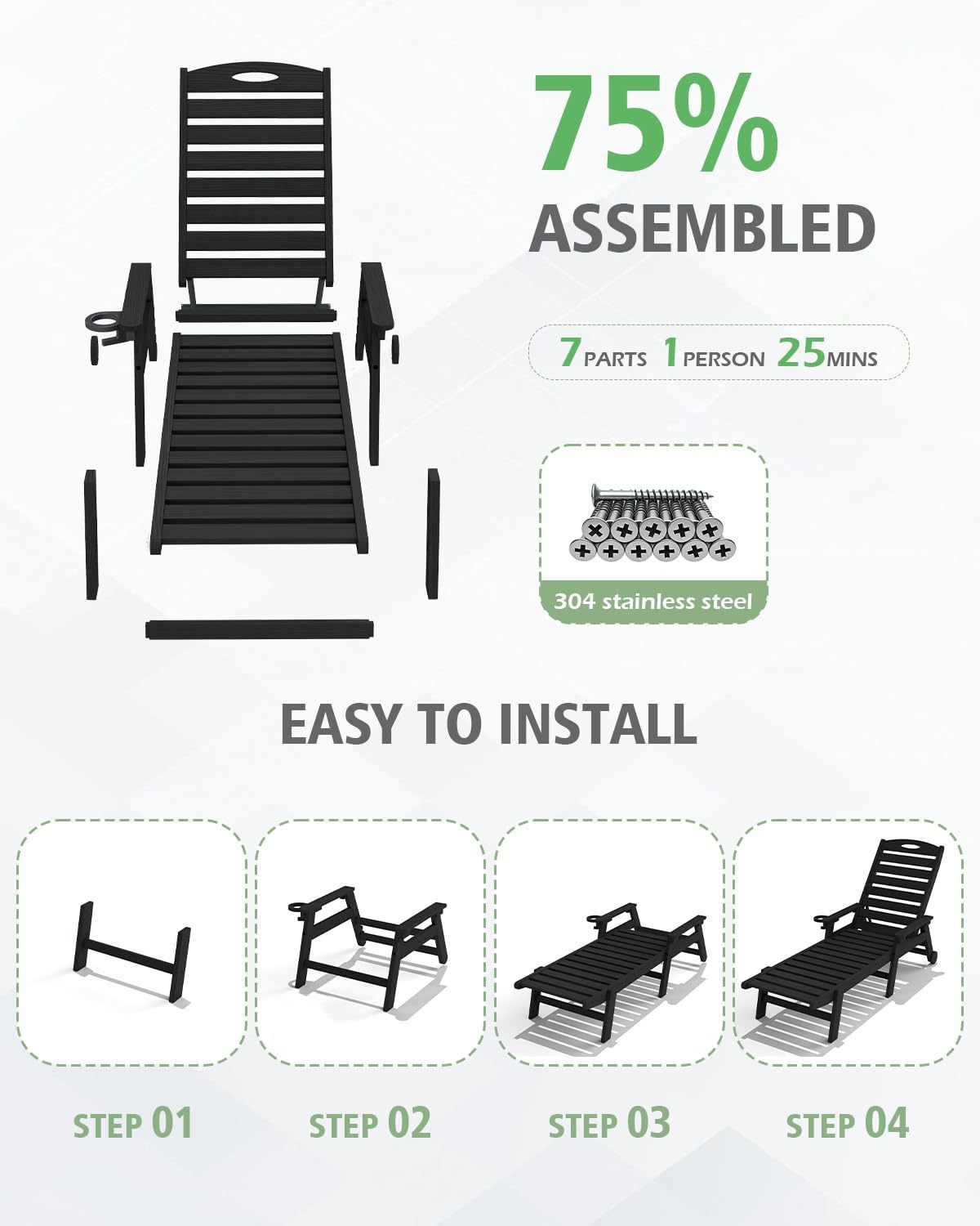 Patio lounge chair outdoor with reclining backrest, black steel frame by HouseOfZazla on Tampa Home & Garden Store