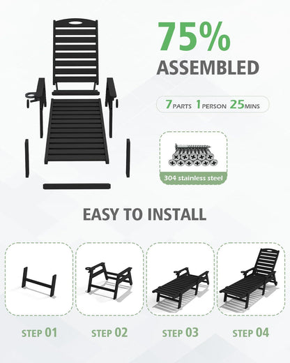 Patio lounge chair outdoor with reclining backrest, black steel frame by HouseOfZazla on Tampa Home & Garden Store