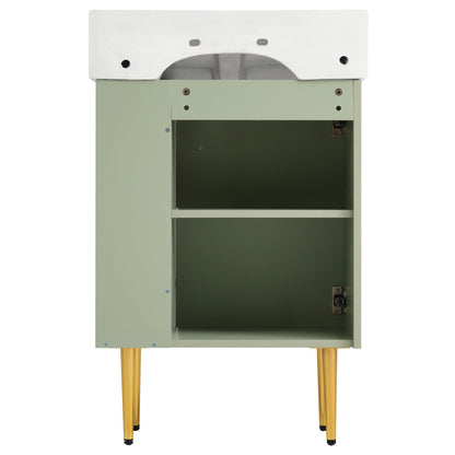 Bathroom vanity with single ceramic sink, mint green cabinet, side storage, wooden legs on Tampa Home & Garden Store