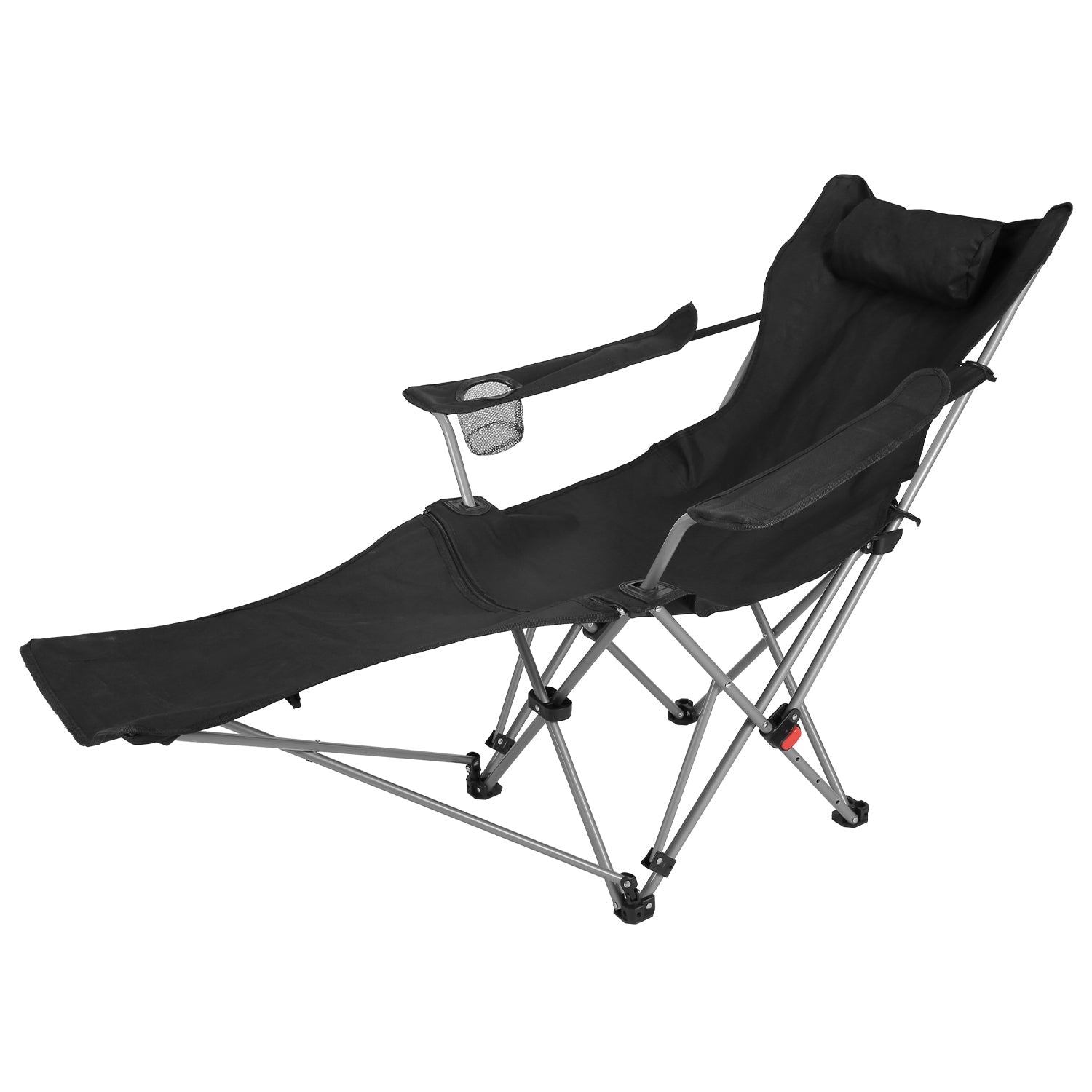GemGear reclining camping chair with footrest, headrest, cup holder, black fabric on Tampa Home & Garden Store
