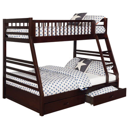Newhall bunk bed with 2 drawers in dark wood finish; twin over twin with ladder on Tampa Home & Garden Store