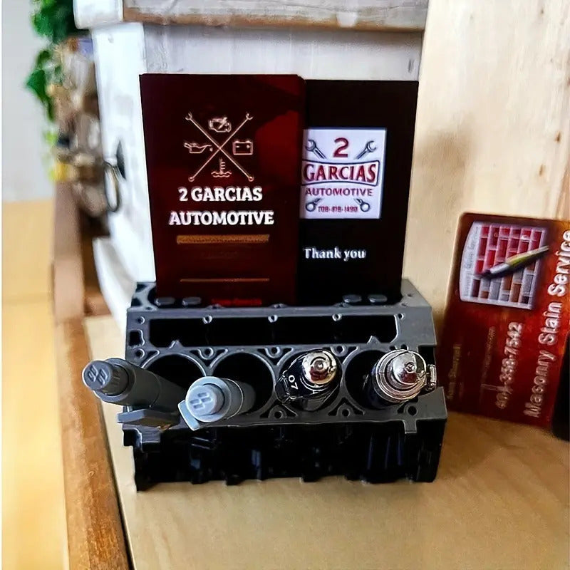 Engine Block Desk Organizer: Modern art for desktop/bookshelf. Holds business cards, a creative office accessory. - Tampa Home & Garden Store