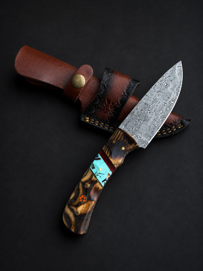 Titan Copper Canyon Damascus Hunter TK-521 knife with Damascus blade and turquoise handle on Tampa Home & Garden Store