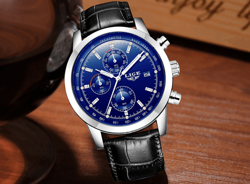 Men's chronograph watch by LIGE with blue dial, silver case, black leather strap, date display on Tampa Home & Garden Store