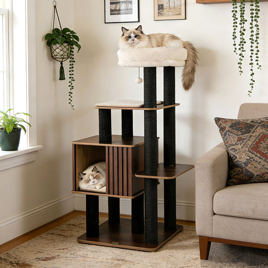 53.5 inch Tall Cat Tree for Indoor Cat Wooden Cat Tower Top Perch with Soft Padding-Brown - Tampa Home & Garden Store