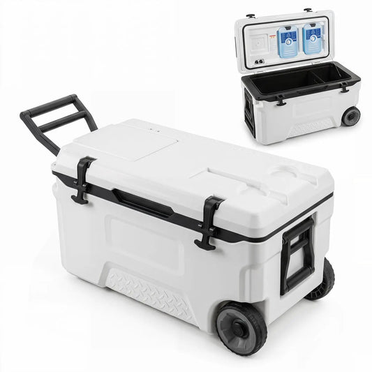 53 Quart rolling cooler with wheels and fish ruler, white plastic with black latches on Tampa Home & Garden Store