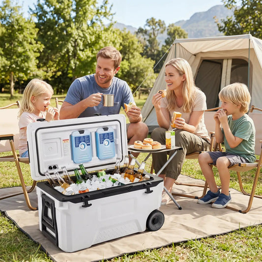 53 Quart rolling cooler with wheels and fish ruler, white DirectDeals cooler opened on camping mat on Tampa Home & Garden Store
