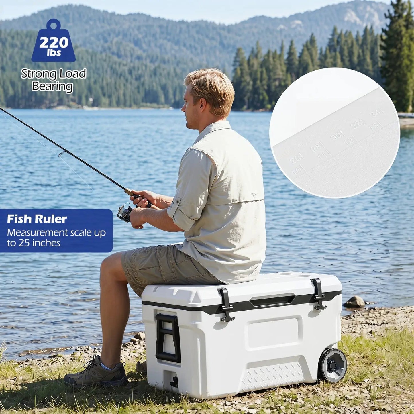 53 Quart Rolling Cooler With Fish Ruler Wheels