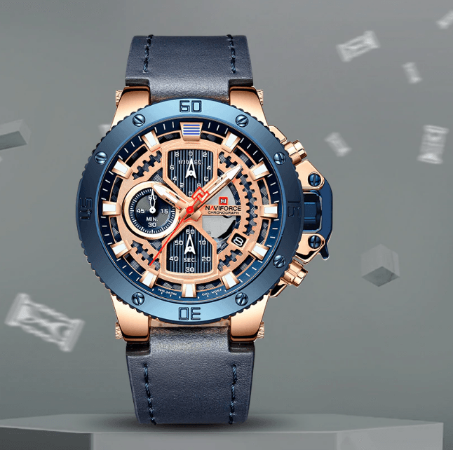 Men's Stevvex chronograph watch with blue bezel and blue strap and rose-gold case on Tampa Home & Garden Store