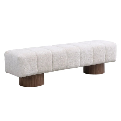 Upholstered dining bench in cream boucle fabric with dark wood cylindrical legs on Tampa Home & Garden Store