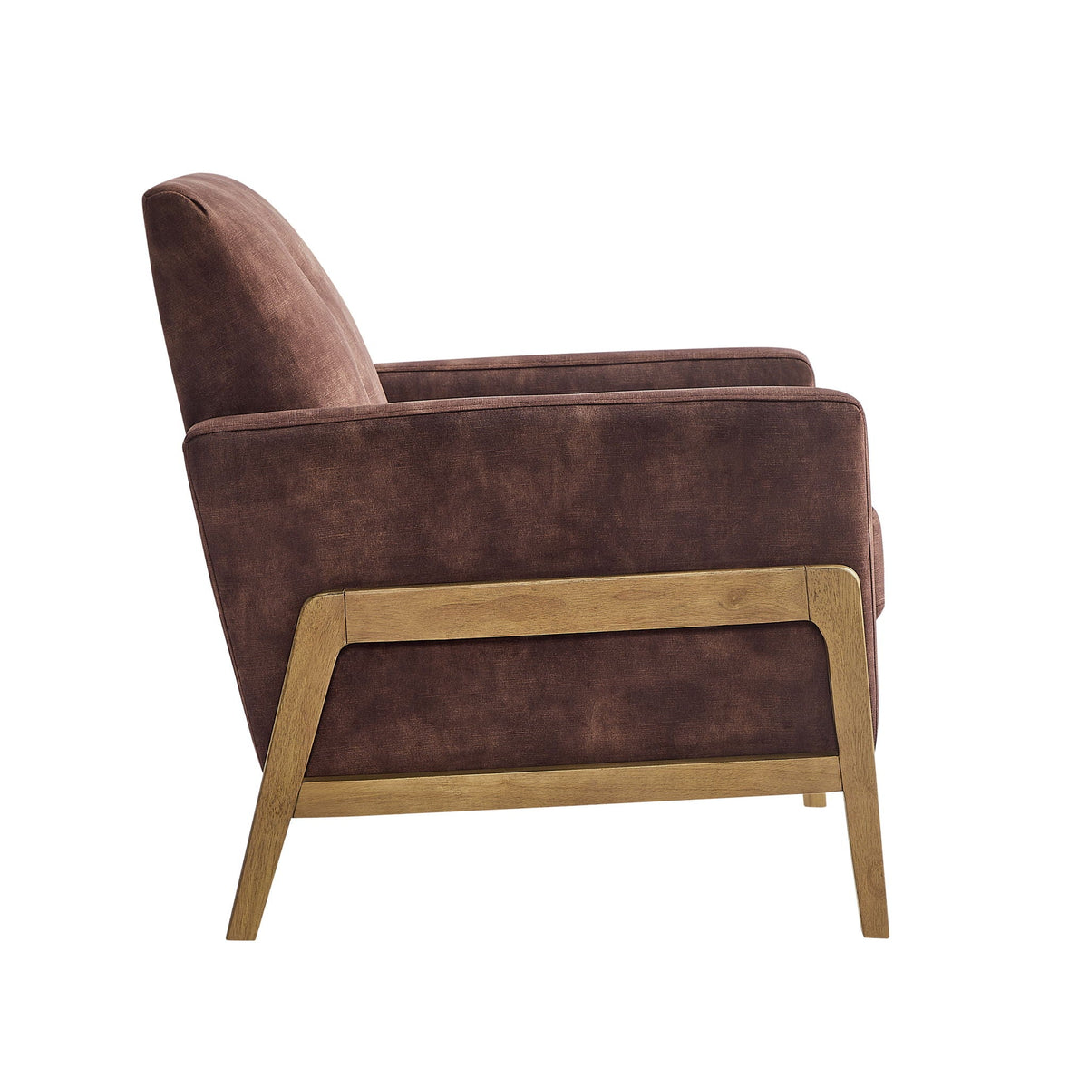 Tufted back accent arm chair in brown velvet upholstery with light wood legs on Tampa Home & Garden Store