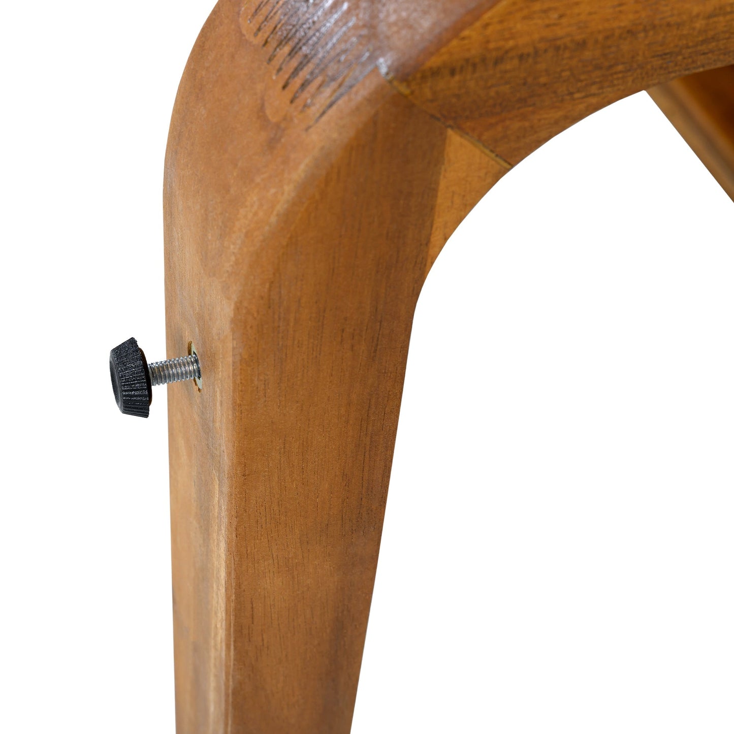 Brown wooden outdoor dining leg with metal bolt knob from 7-Piece Patio Dining Set on Tampa Home & Garden Store