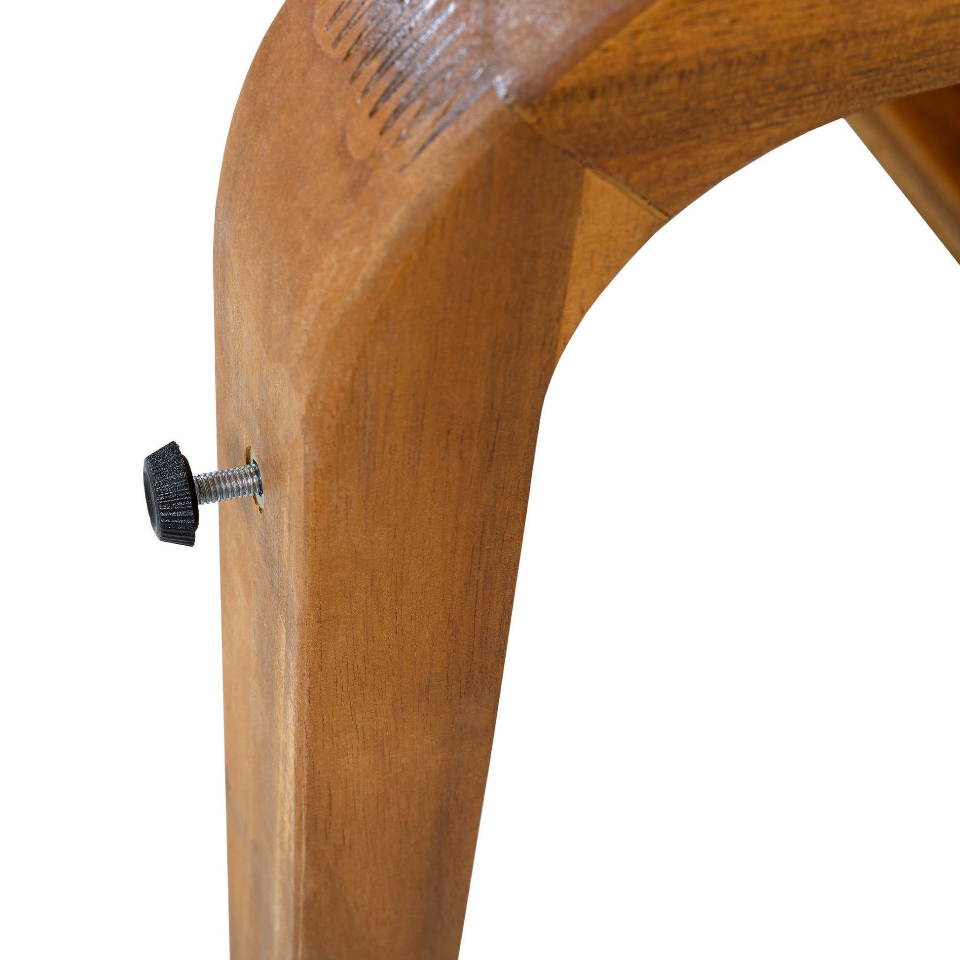 Brown wooden outdoor dining leg with metal bolt knob from 7-Piece Patio Dining Set on Tampa Home & Garden Store