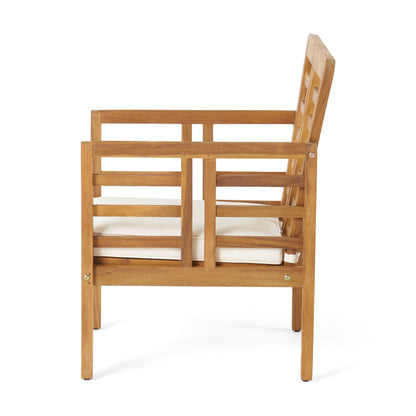 Caydon 2 Club Chairs + Table outdoor set; teak wood, white cushions, 2 chairs & table on Tampa Home & Garden Store