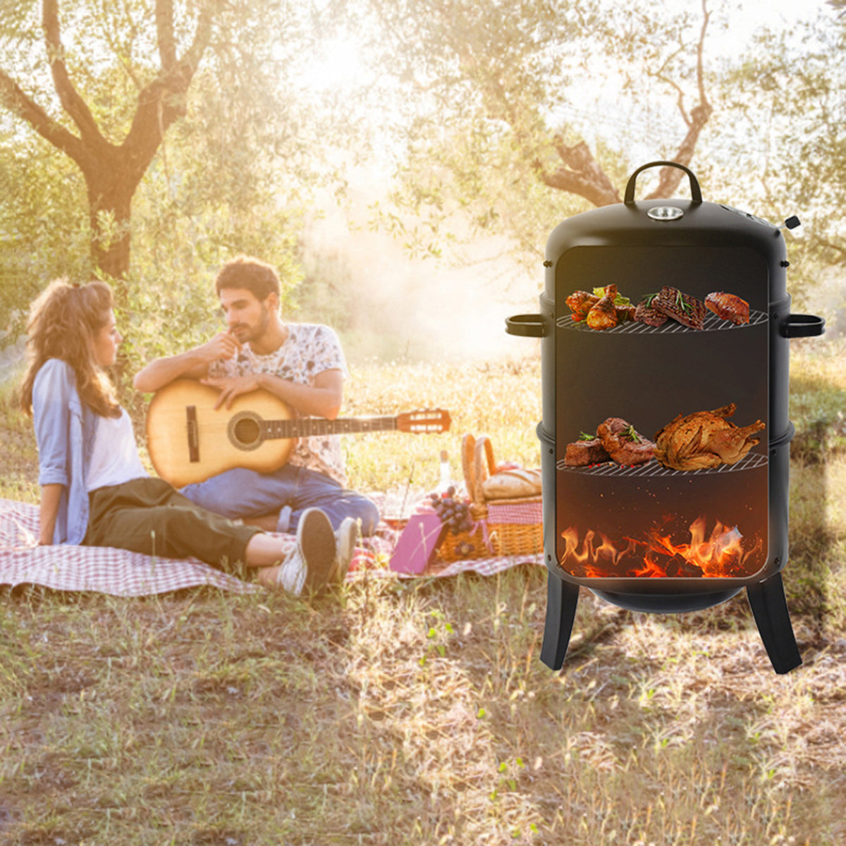 Outdoor charcoal smoker with wood-fired braising and smoking, black finish, three-tier racks on Tampa Home & Garden Store
