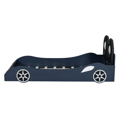Race car shaped platform bed with LED, navy blue frame and black upholstered backrest seats on Tampa Home & Garden Store