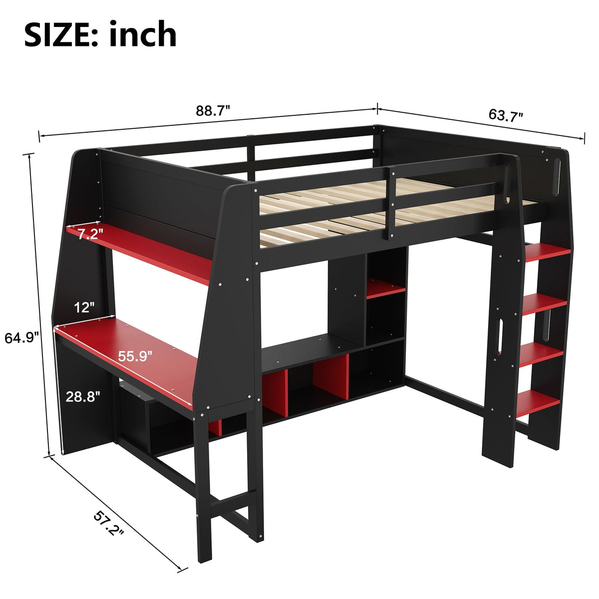 HouseOfZazla Gaming Loft Bed with Desk LED lighting red storage shelves and hanging clothes rack on Tampa Home & Garden Store