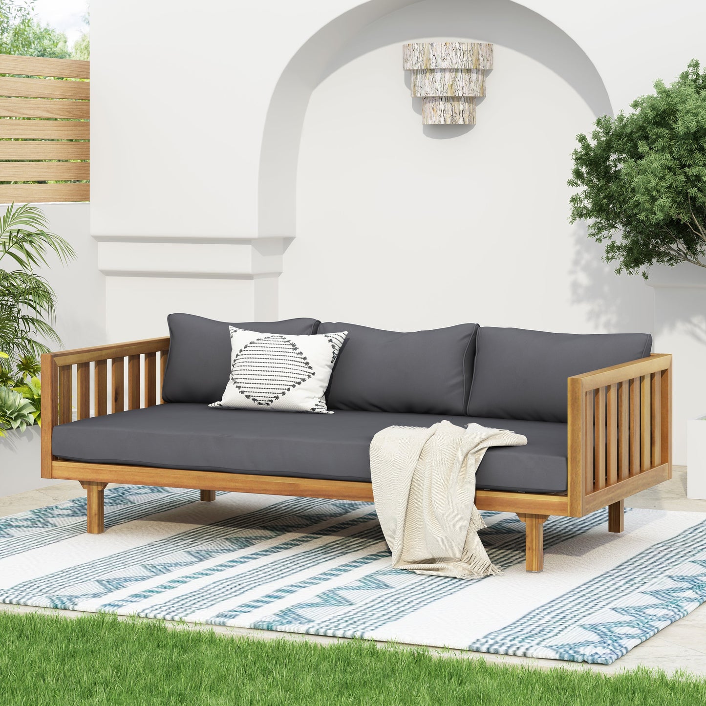 Claremont 3 Seater Daybed with dark gray cushions, wooden frame, HouseOfZazla outdoor furniture on Tampa Home & Garden Store