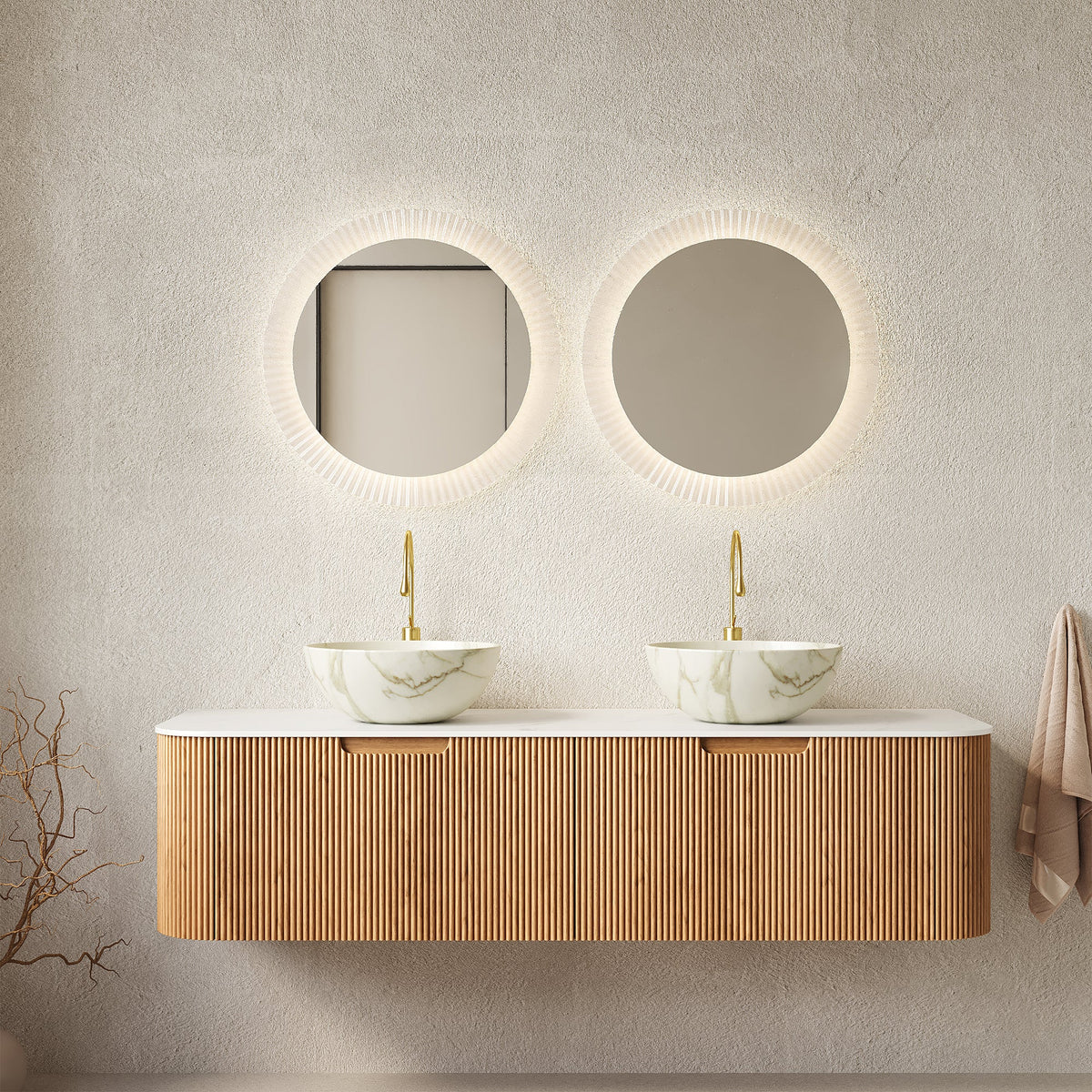 Dina 60in bathroom vanity with marble vessel sinks and gold faucets, ribbed cabinet on Tampa Home & Garden Store