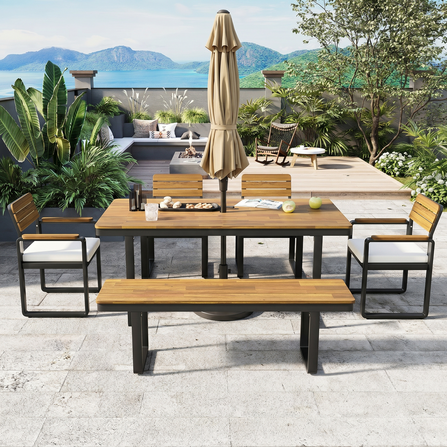 Acacia Wood Outdoor Dining Set and Bench Frame