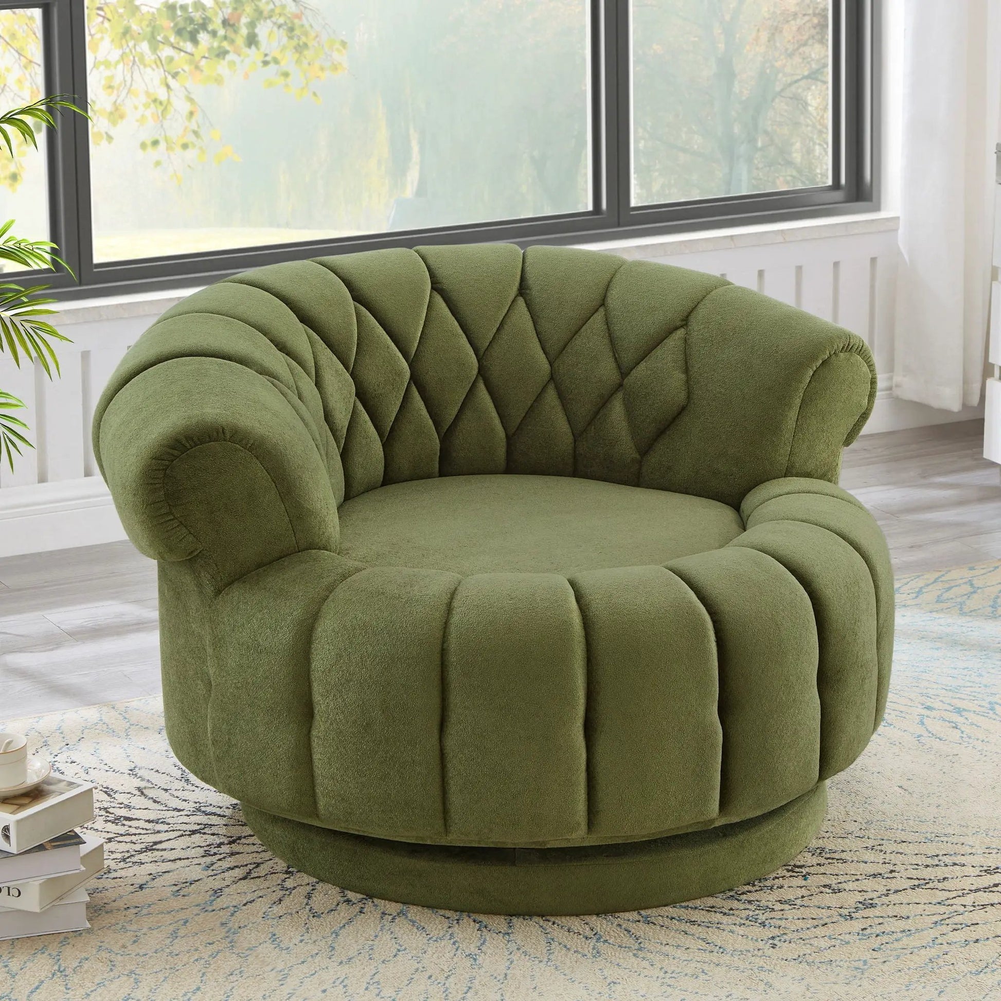 Round olive-green swivel chair with tufted upholstery and rotation by Unique Piece Furniture on Tampa Home & Garden Store
