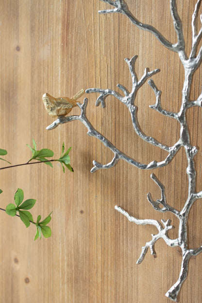 Metal branch wall decor set of 2 in silver with gold bird accents by Unique Piece Furniture on Tampa Home & Garden Store