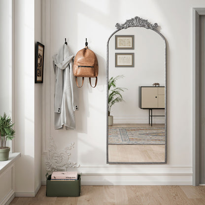 Arched full-body wall mirror with carved applique in bronze or pearl silver finish on Tampa Home & Garden Store